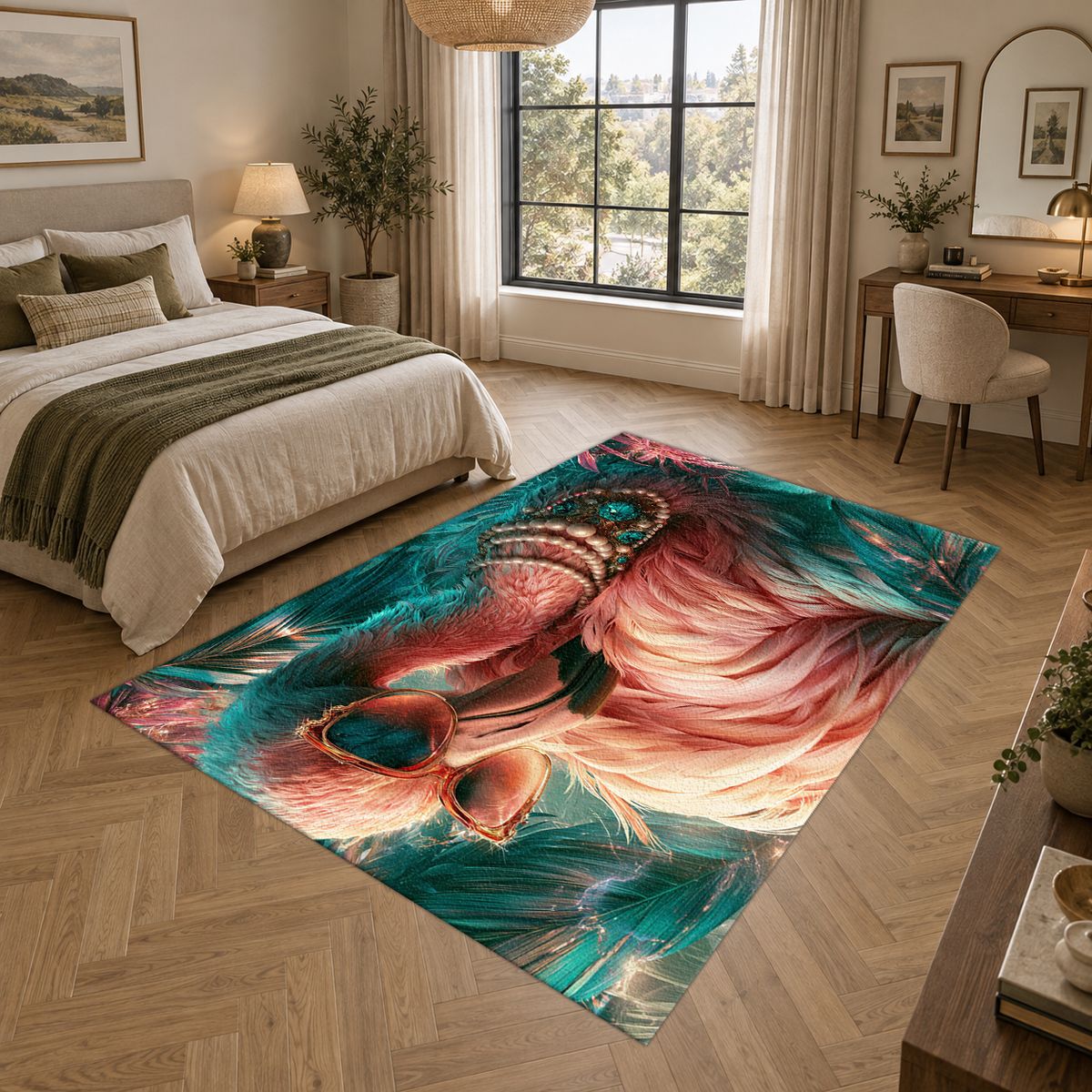 Glamorous Pink Flamingo with Pearls printed area rug