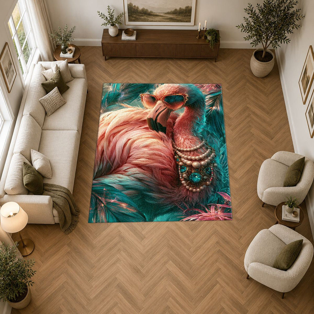 Glamorous Pink Flamingo with Pearls printed area rug
