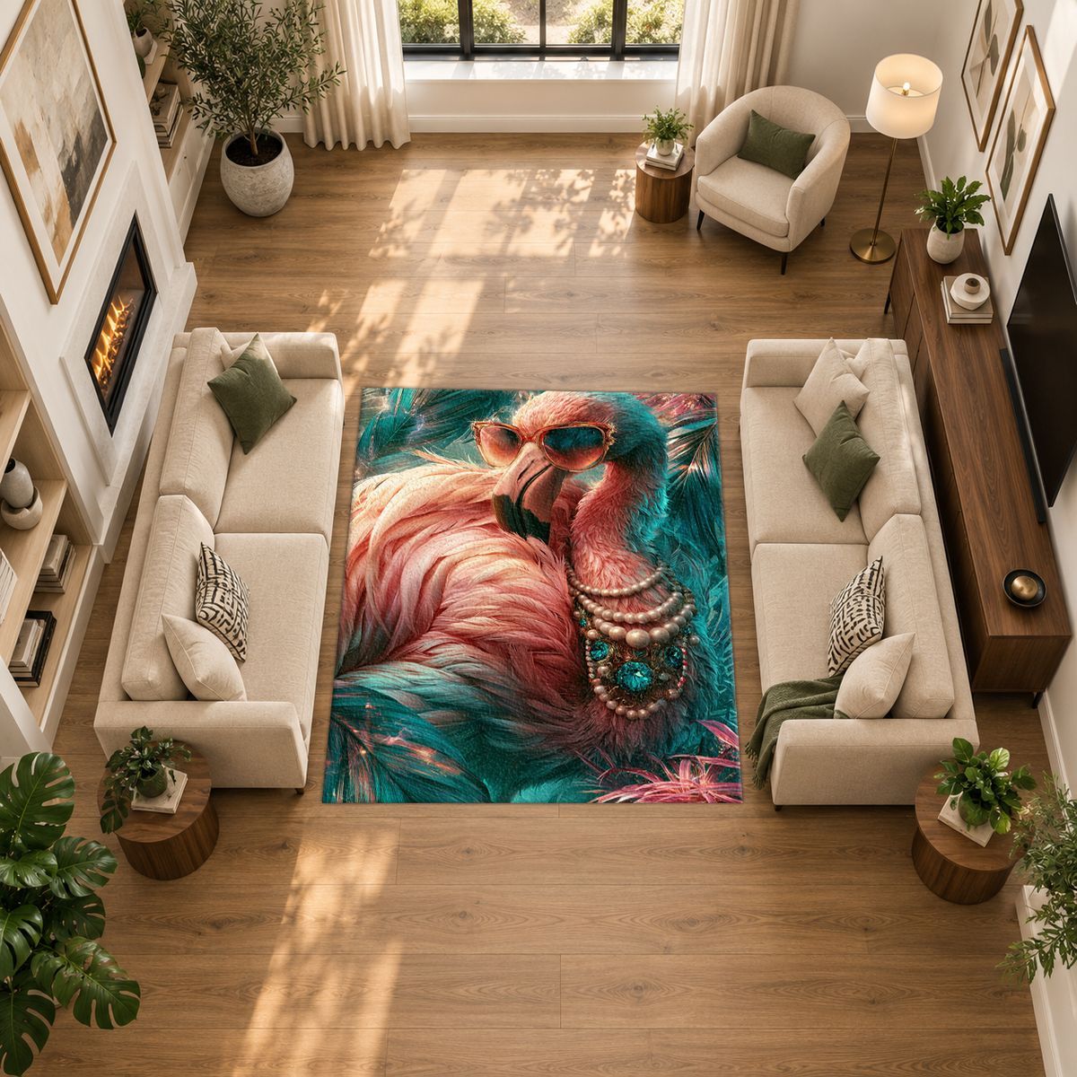 Glamorous Pink Flamingo with Pearls printed area rug