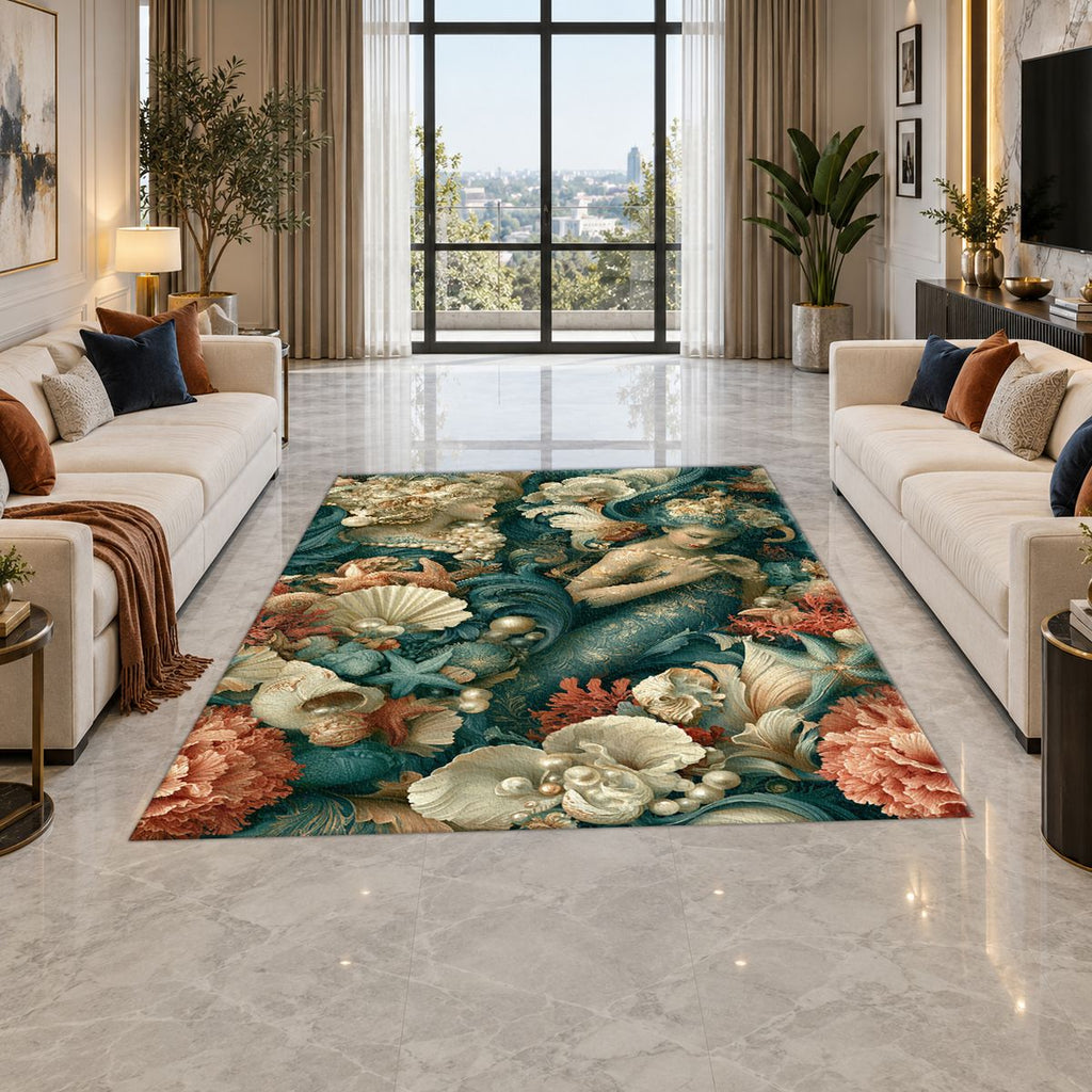 Mermaid and Seashell Floral printed area rug