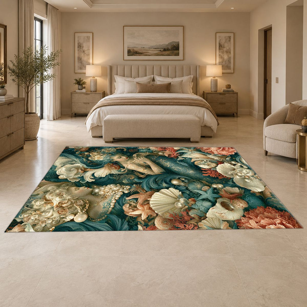 Mermaid and Seashell Floral printed area rug