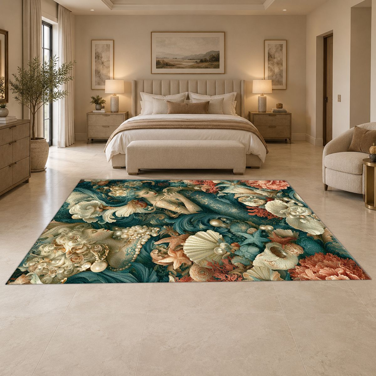 Mermaid and Seashell Floral printed area rug