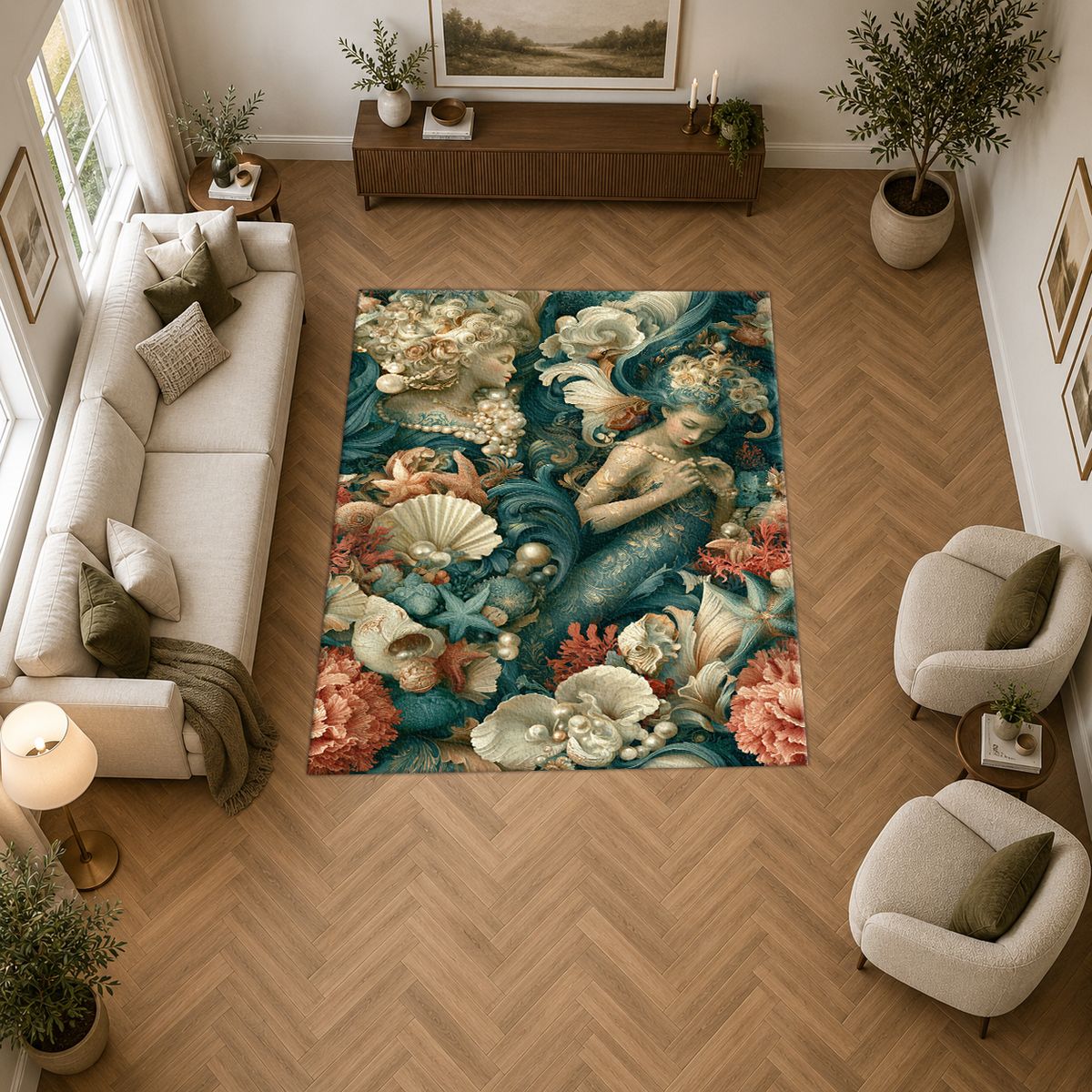 Mermaid and Seashell Floral printed area rug