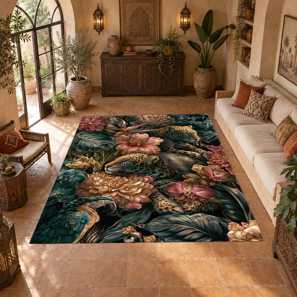 Leopards in Dark Floral Jungle printed area rug
