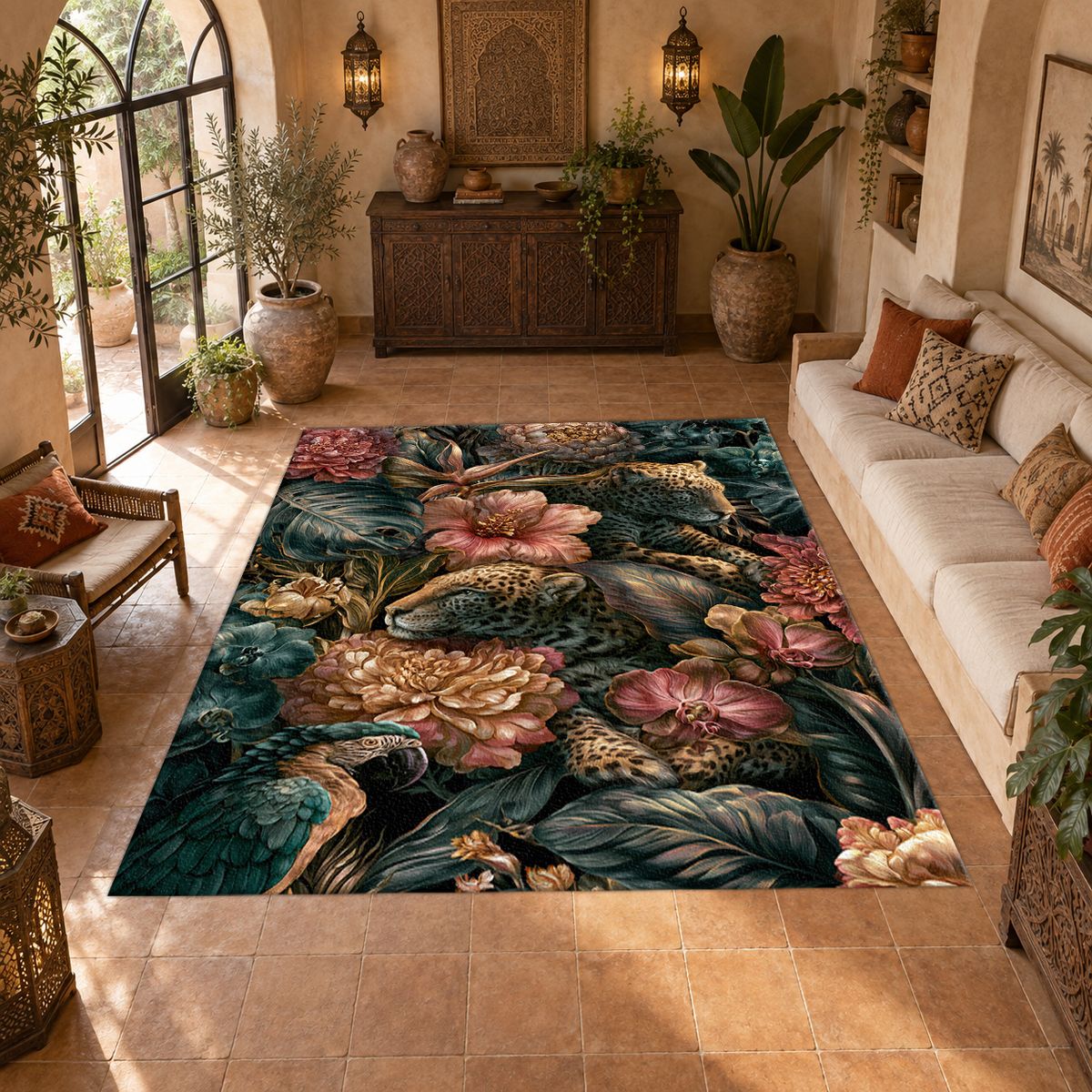 Leopards in Dark Floral Jungle printed area rug