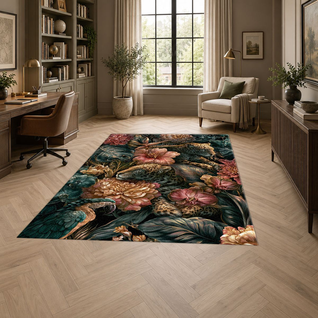 Leopards in Dark Floral Jungle printed area rug
