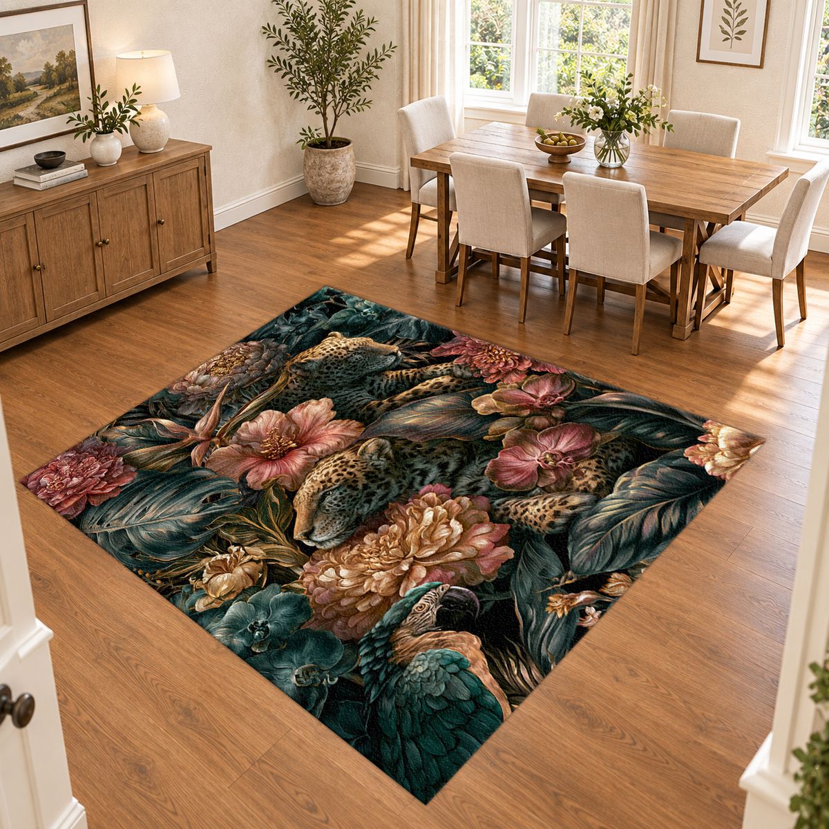 Leopards in Dark Floral Jungle printed area rug