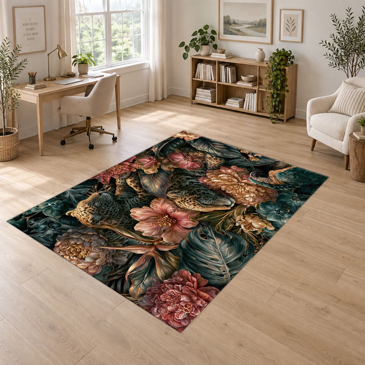 Leopards in Dark Floral Jungle printed area rug
