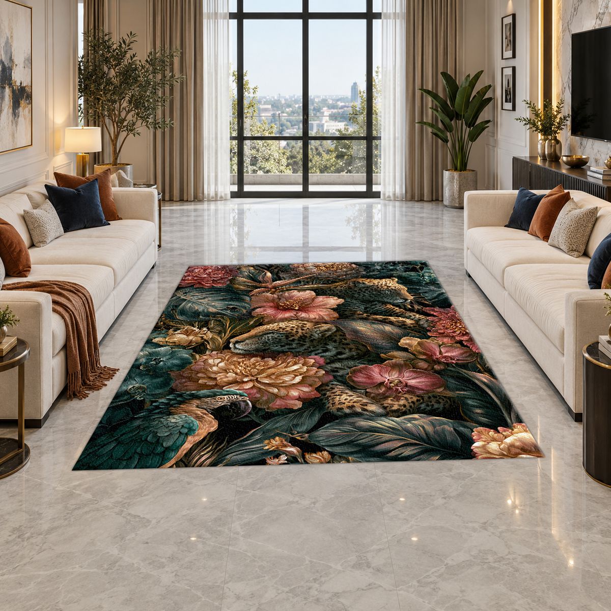 Leopards in Dark Floral Jungle printed area rug