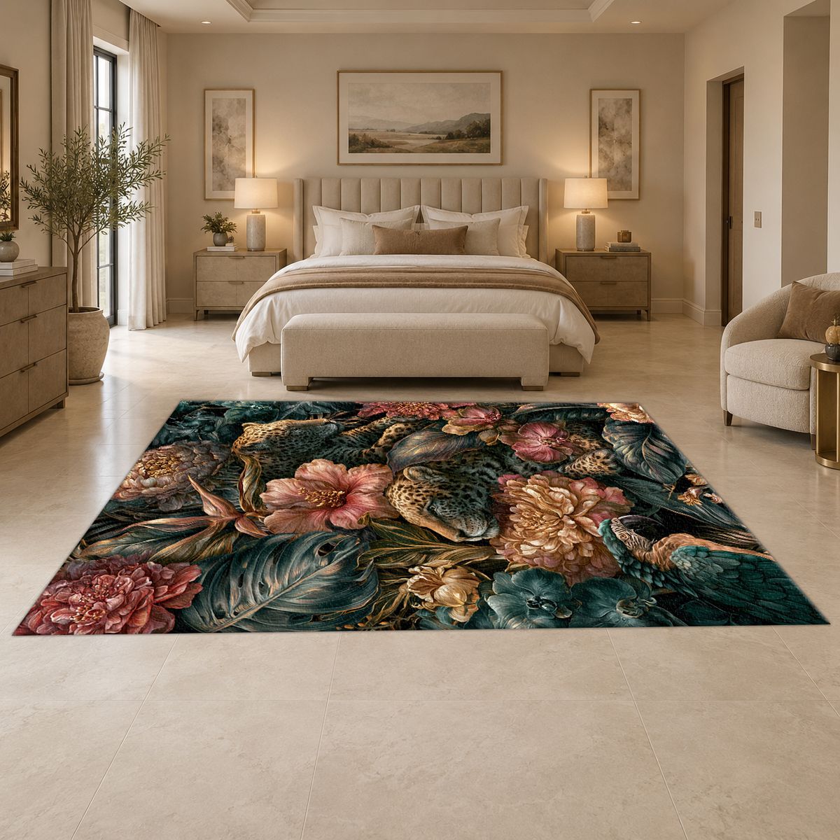 Leopards in Dark Floral Jungle printed area rug