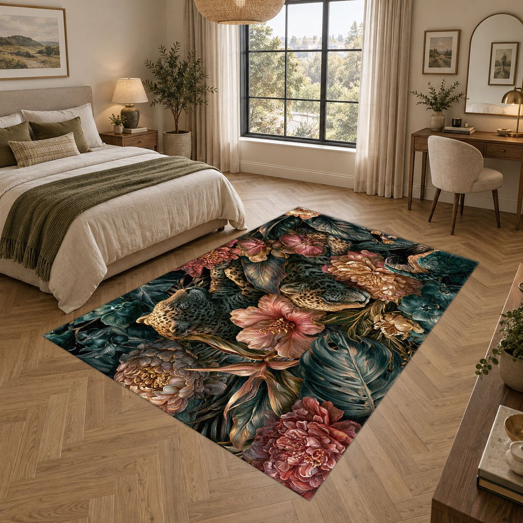 Leopards in Dark Floral Jungle printed area rug