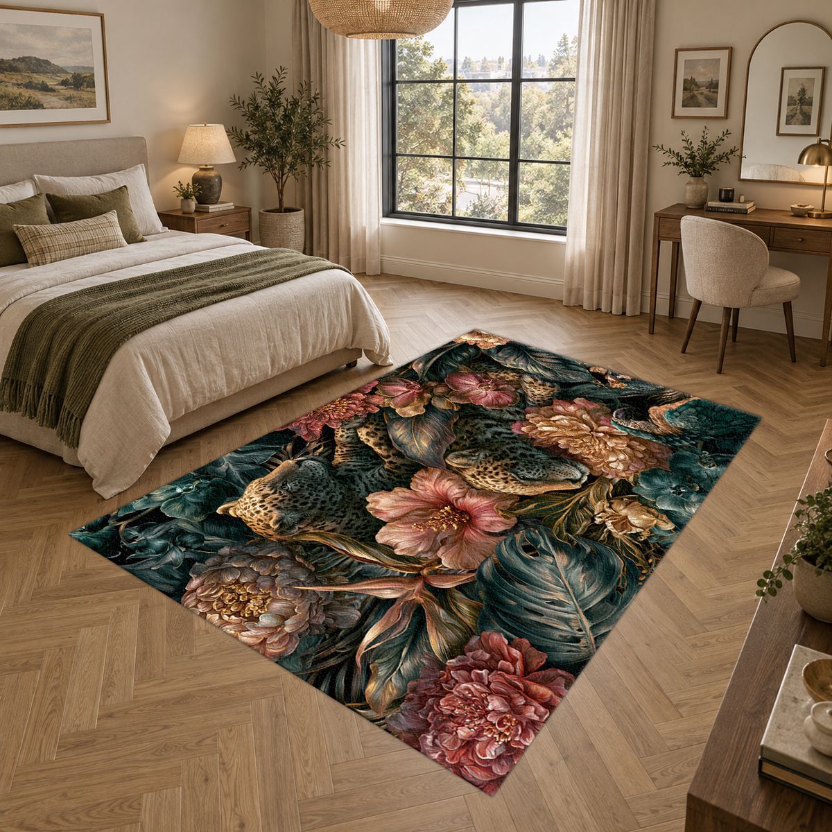 Leopards in Dark Floral Jungle printed area rug