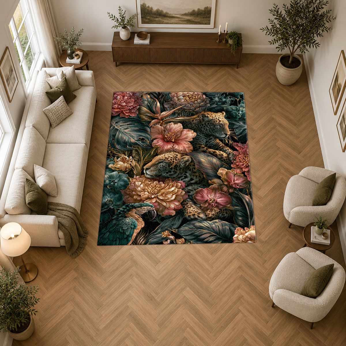 Leopards in Dark Floral Jungle printed area rug