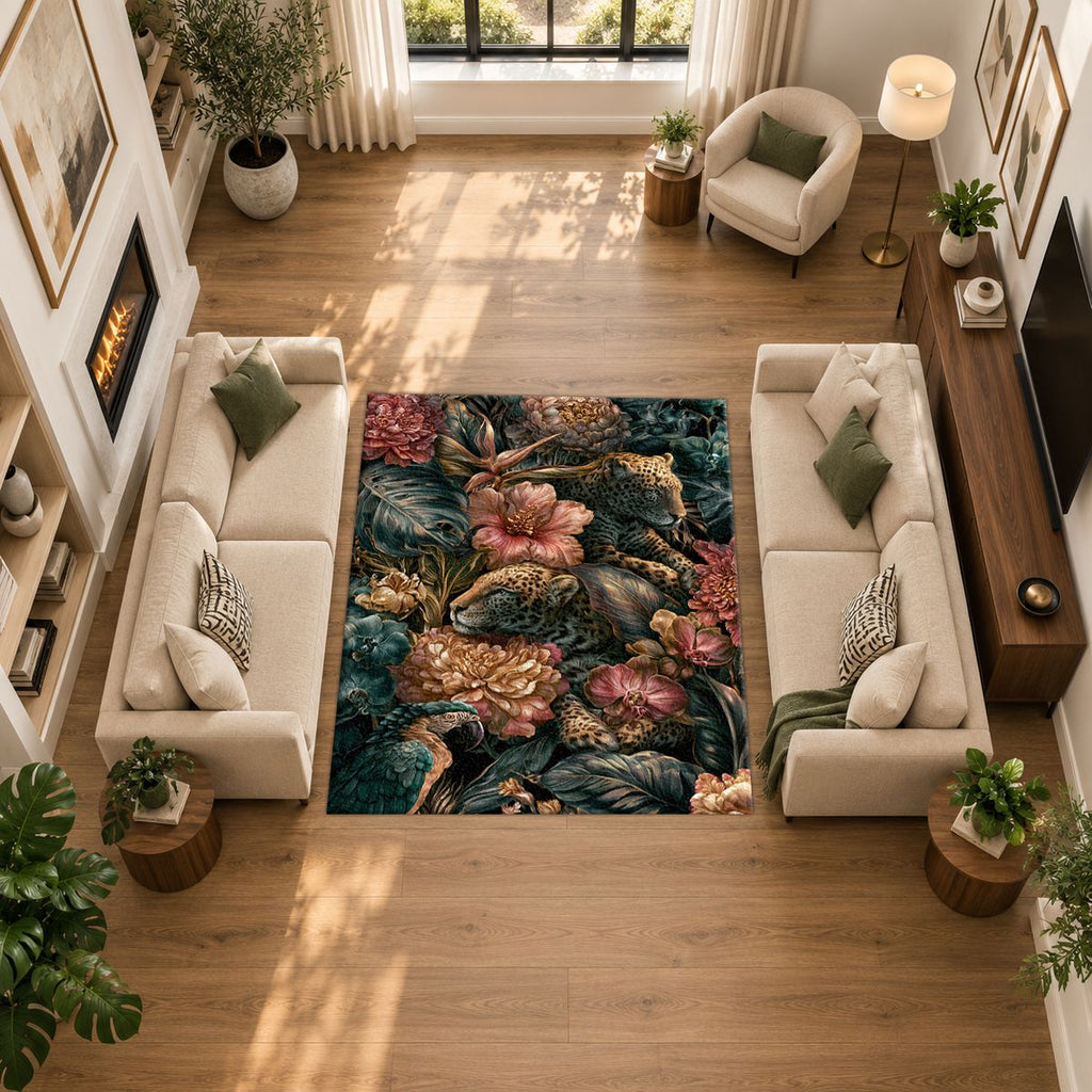Leopards in Dark Floral Jungle printed area rug