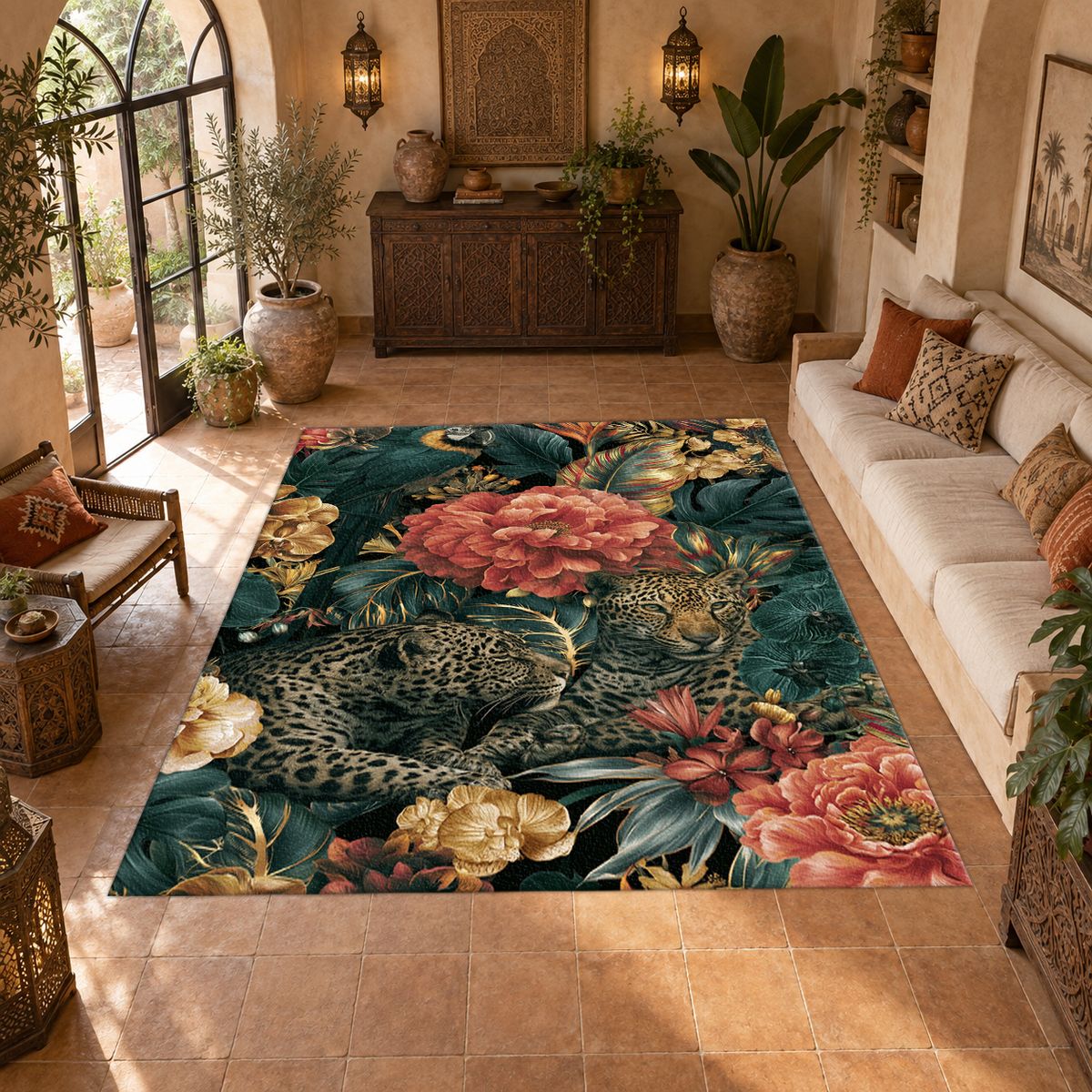 Hidden Leopard Pink Peony Garden printed area rug