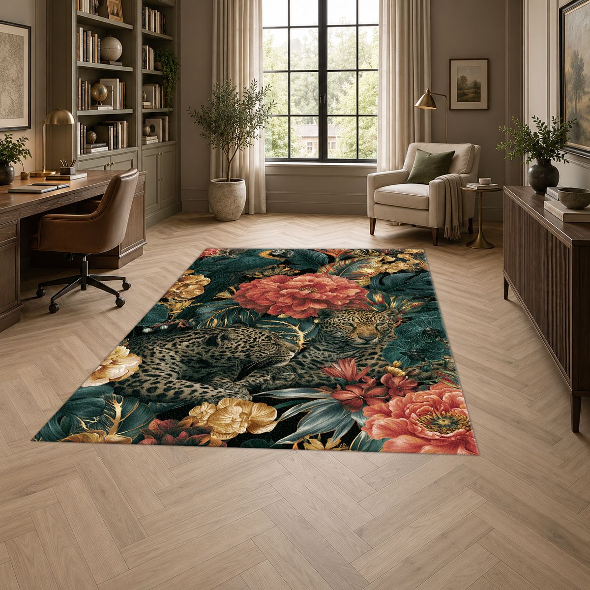 Hidden Leopard Pink Peony Garden printed area rug