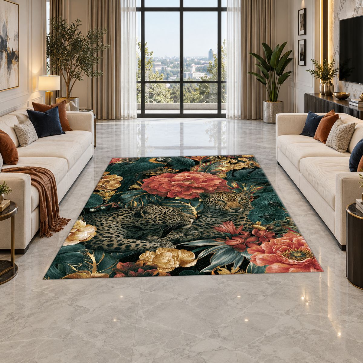 Hidden Leopard Pink Peony Garden printed area rug