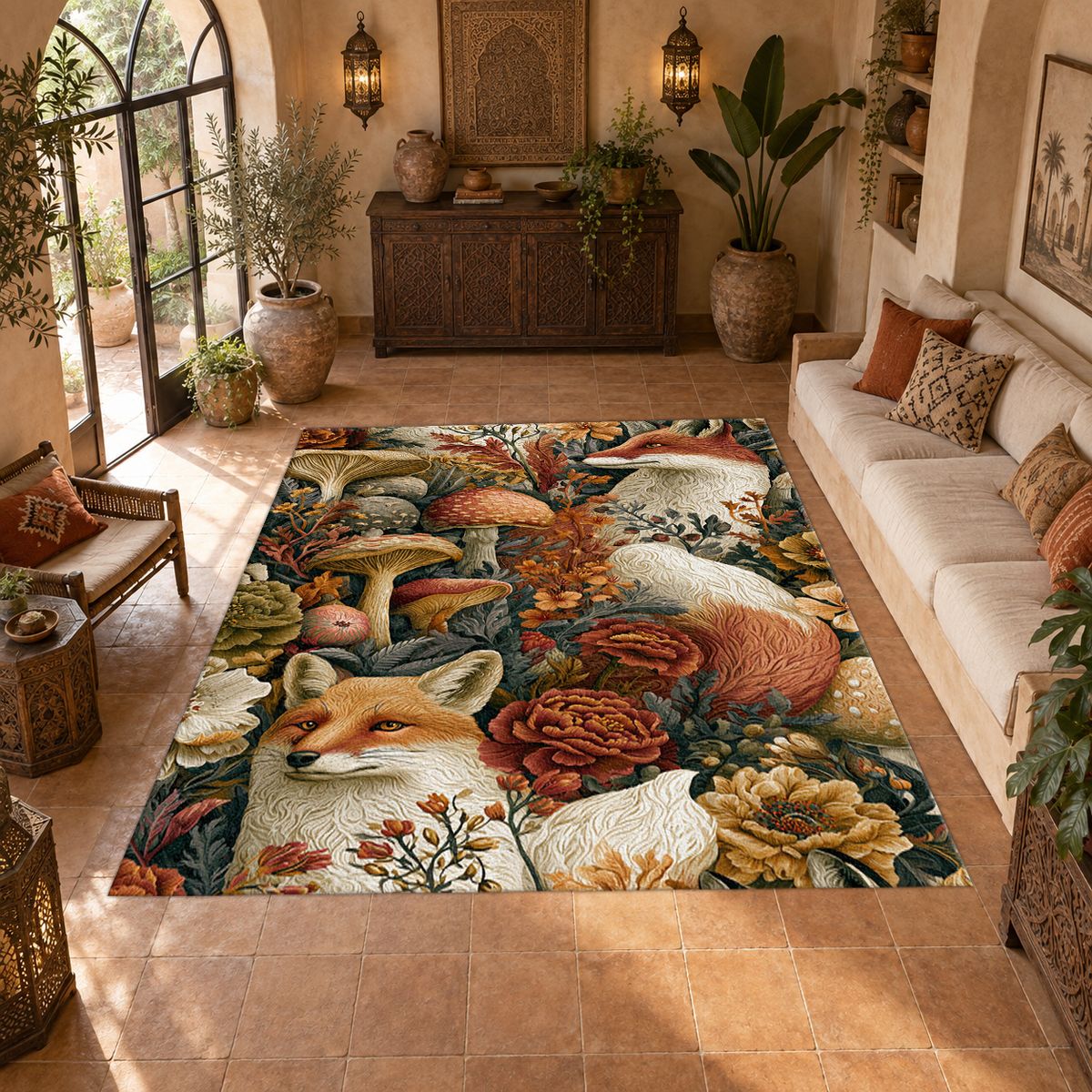 Red Fox Woodland Mushrooms printed area rug