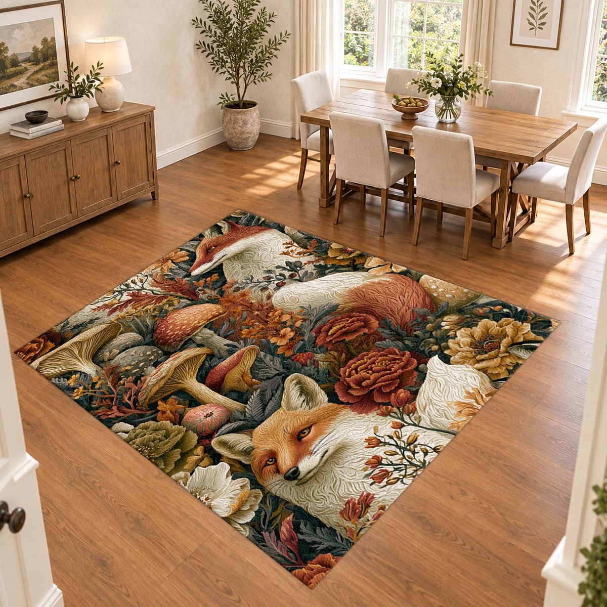 Red Fox Woodland Mushrooms printed area rug
