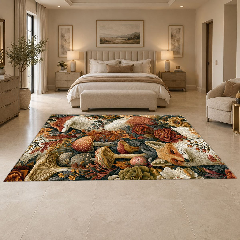 Red Fox Woodland Mushrooms printed area rug