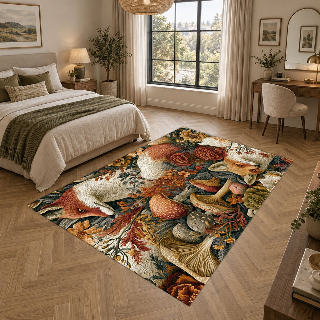 Red Fox Woodland Mushrooms printed area rug