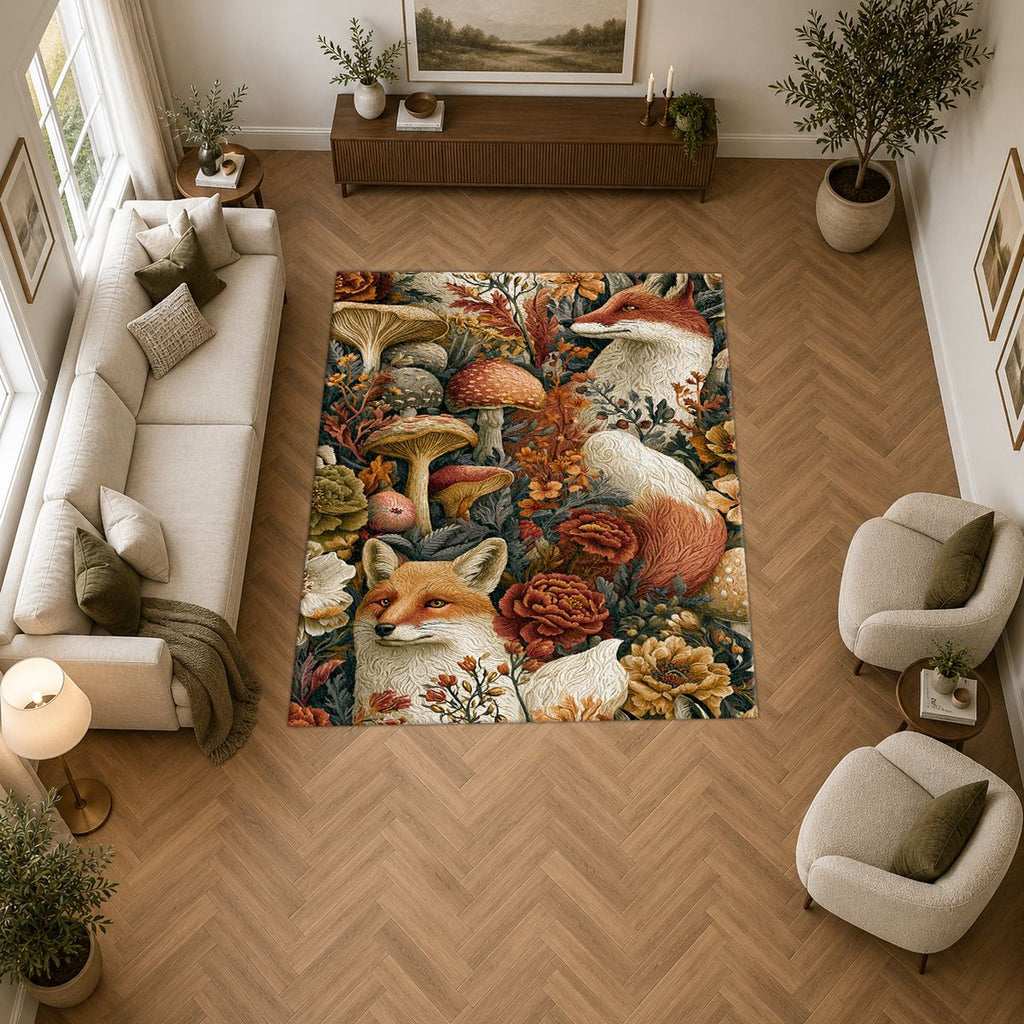 Red Fox Woodland Mushrooms printed area rug