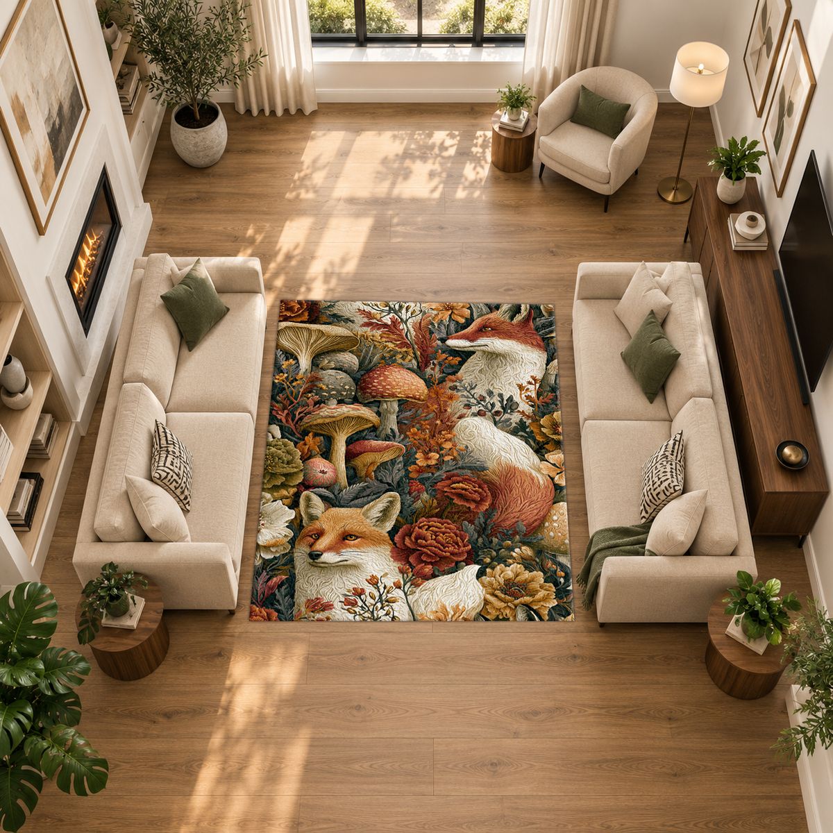 Red Fox Woodland Mushrooms printed area rug