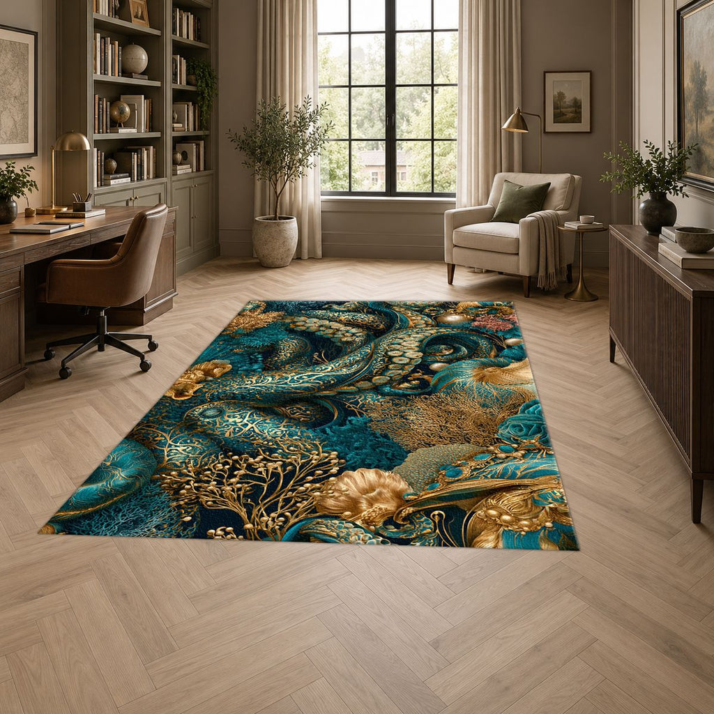 Teal Octopus Tentacle Swirl printed area rug