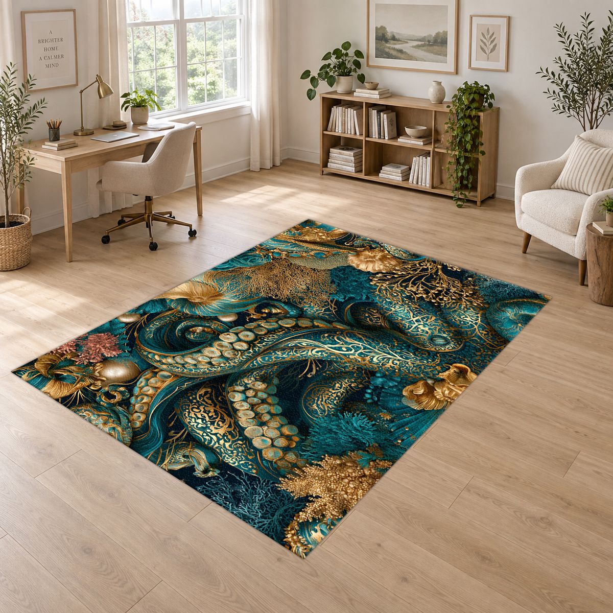 Teal Octopus Tentacle Swirl printed area rug