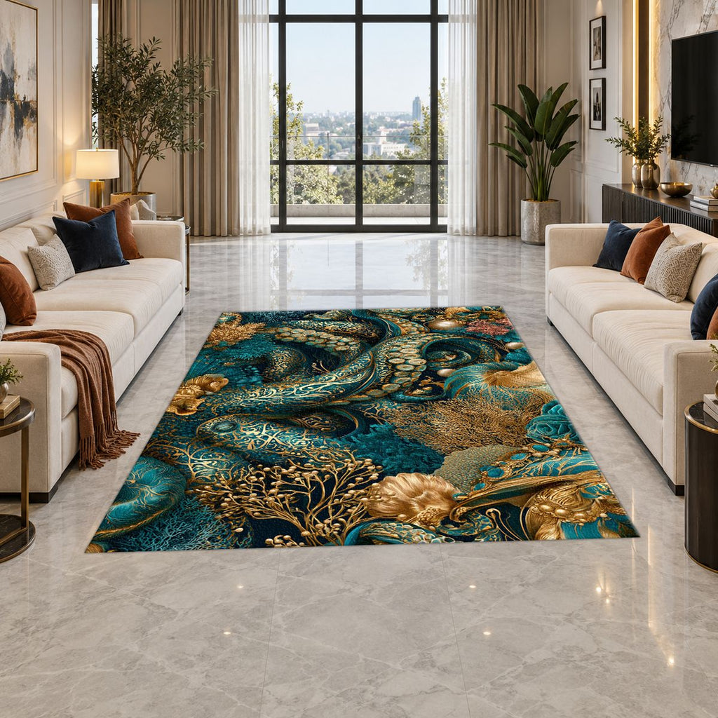 Teal Octopus Tentacle Swirl printed area rug