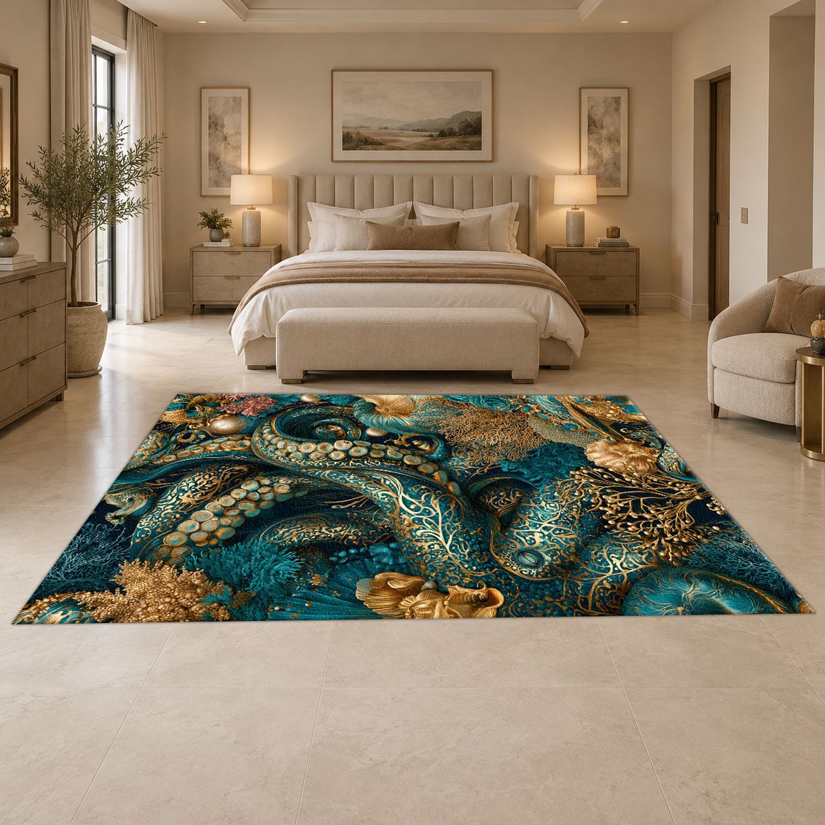 Teal Octopus Tentacle Swirl printed area rug