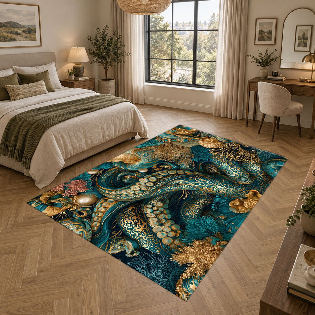 Teal Octopus Tentacle Swirl printed area rug