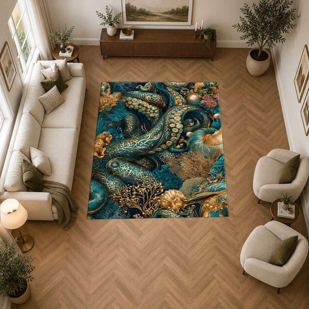 Teal Octopus Tentacle Swirl printed area rug