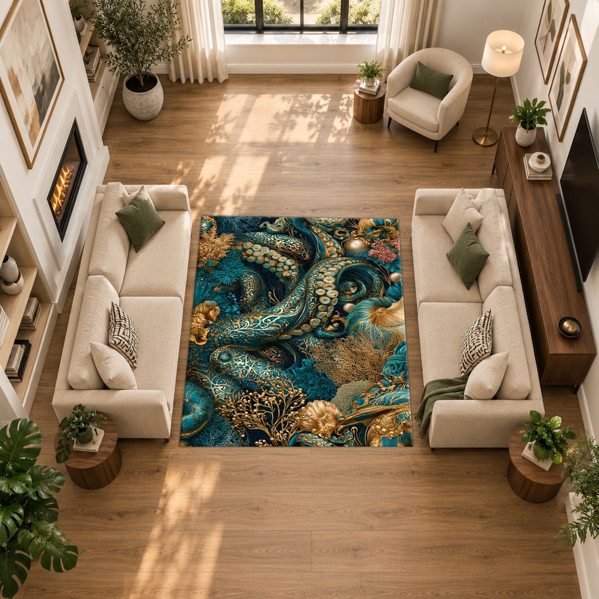 Teal Octopus Tentacle Swirl printed area rug