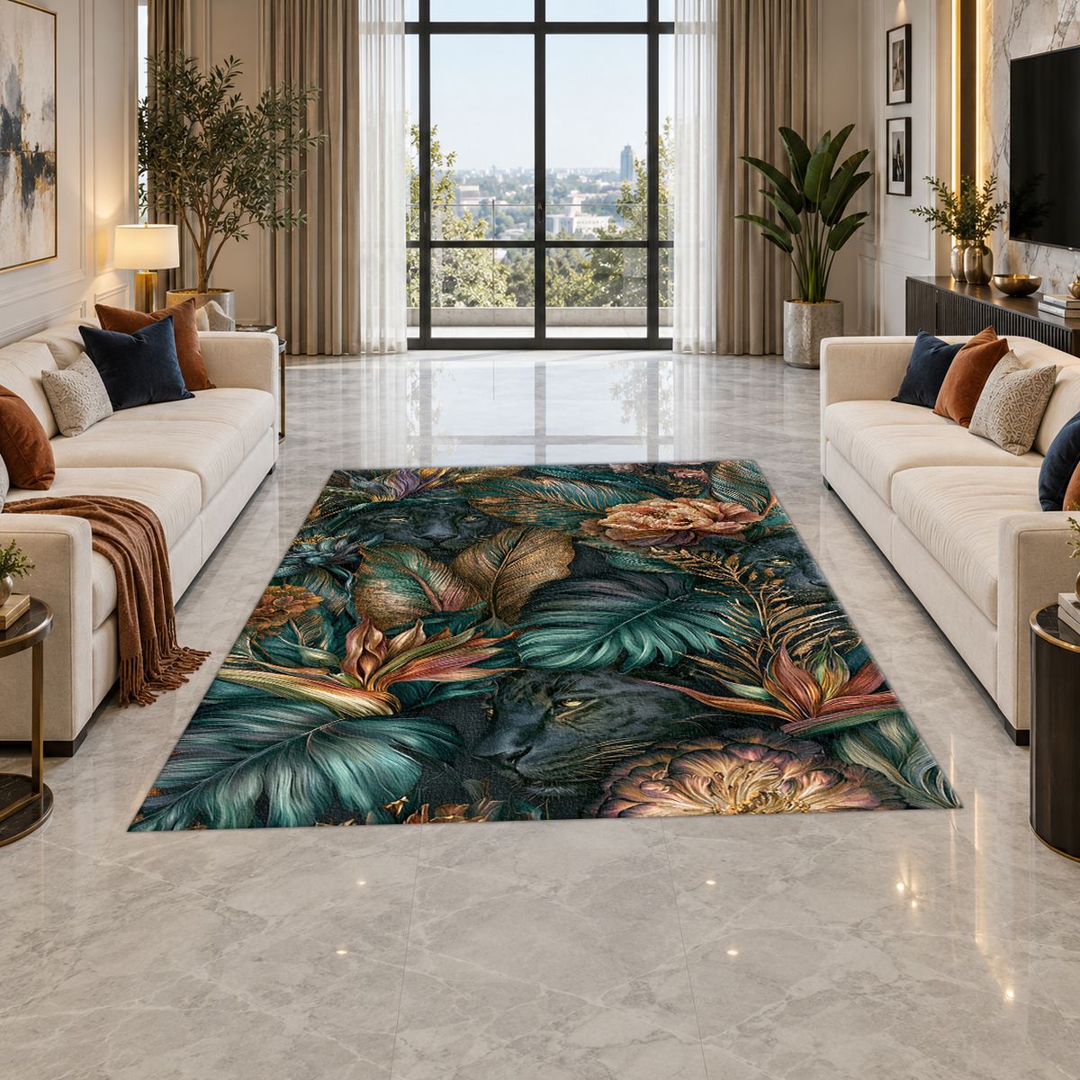 Dark Tropical Panther Jungle printed area rug