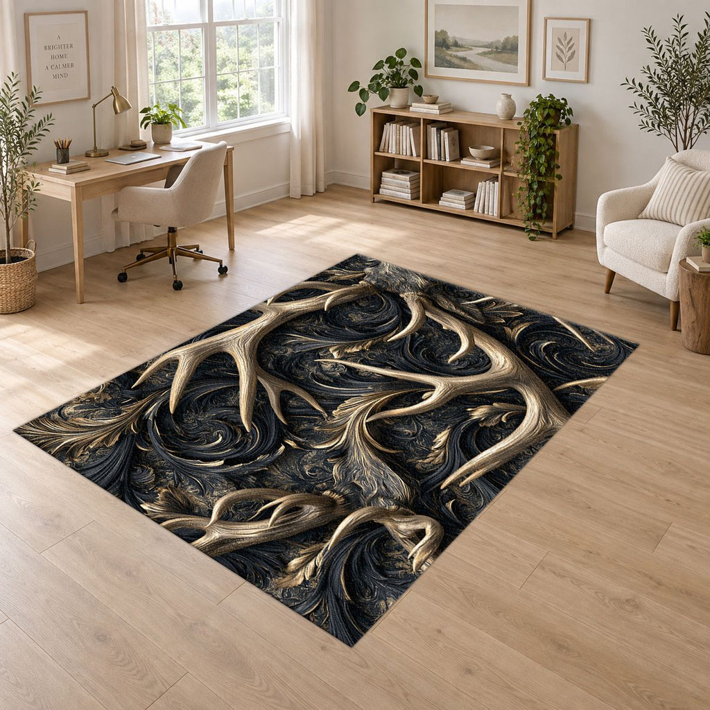 Gold Antlers on Black Swirls printed area rug