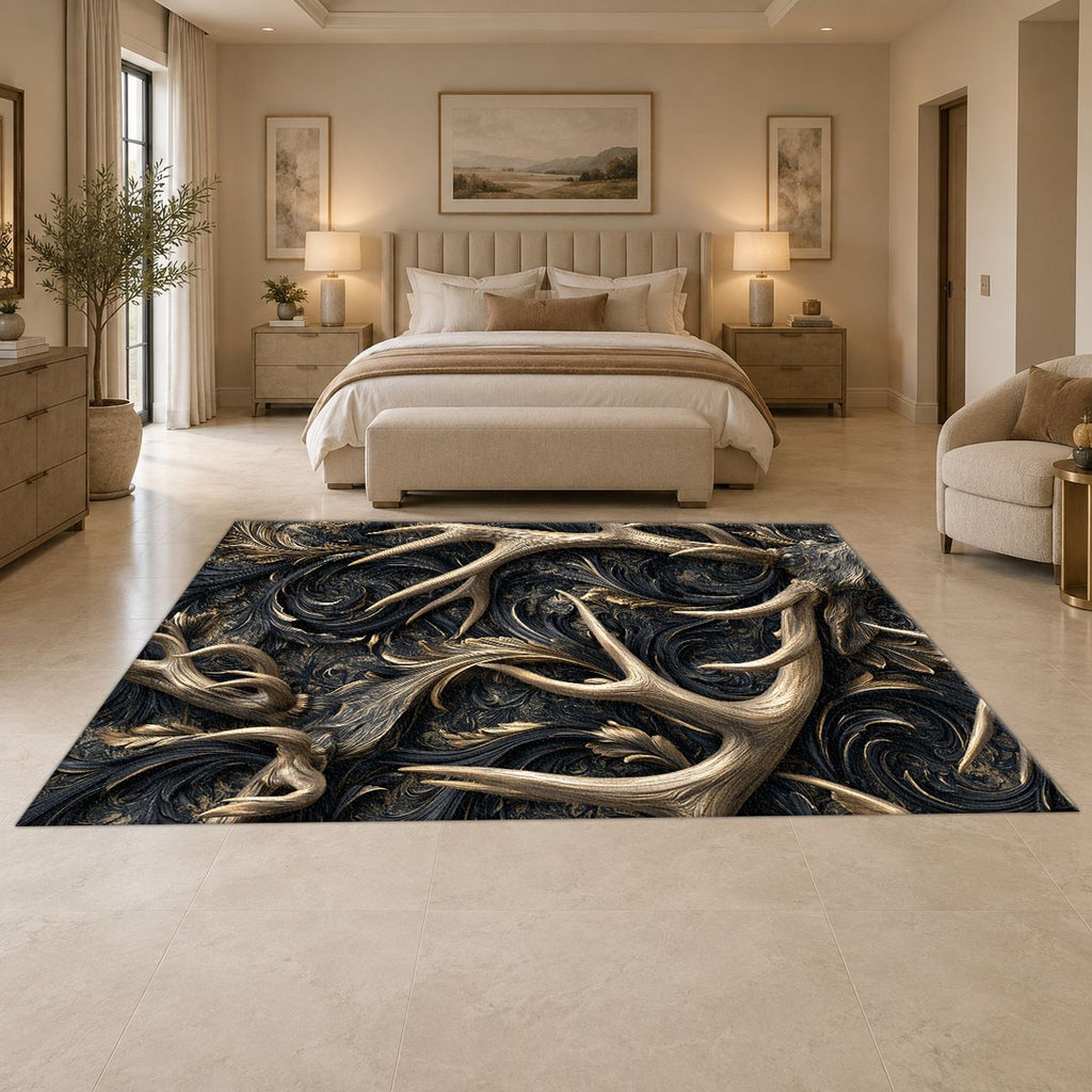 Gold Antlers on Black Swirls printed area rug