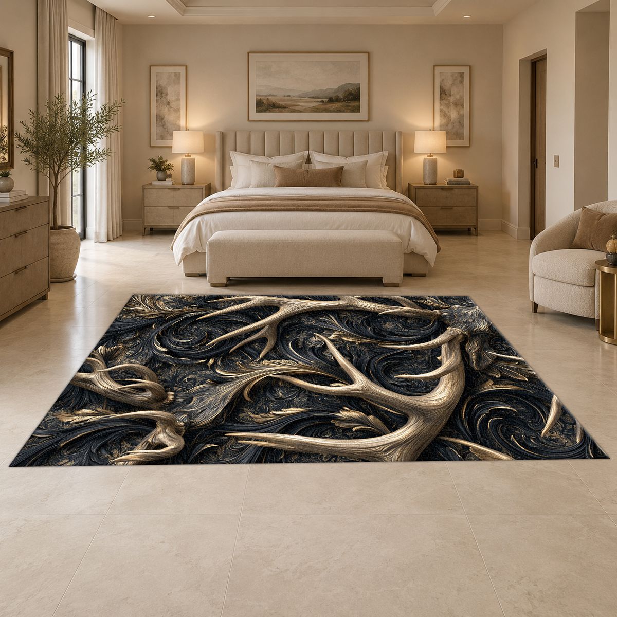 Gold Antlers on Black Swirls printed area rug