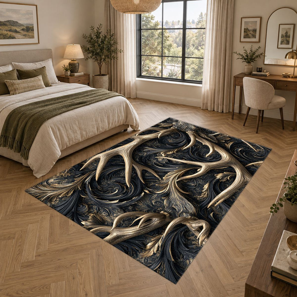 Gold Antlers on Black Swirls printed area rug
