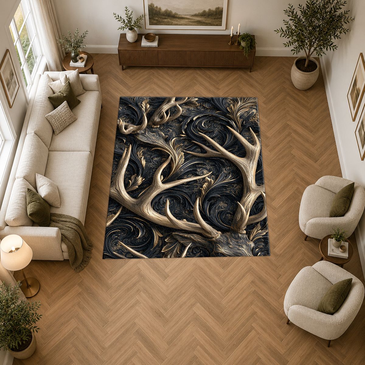 Gold Antlers on Black Swirls printed area rug