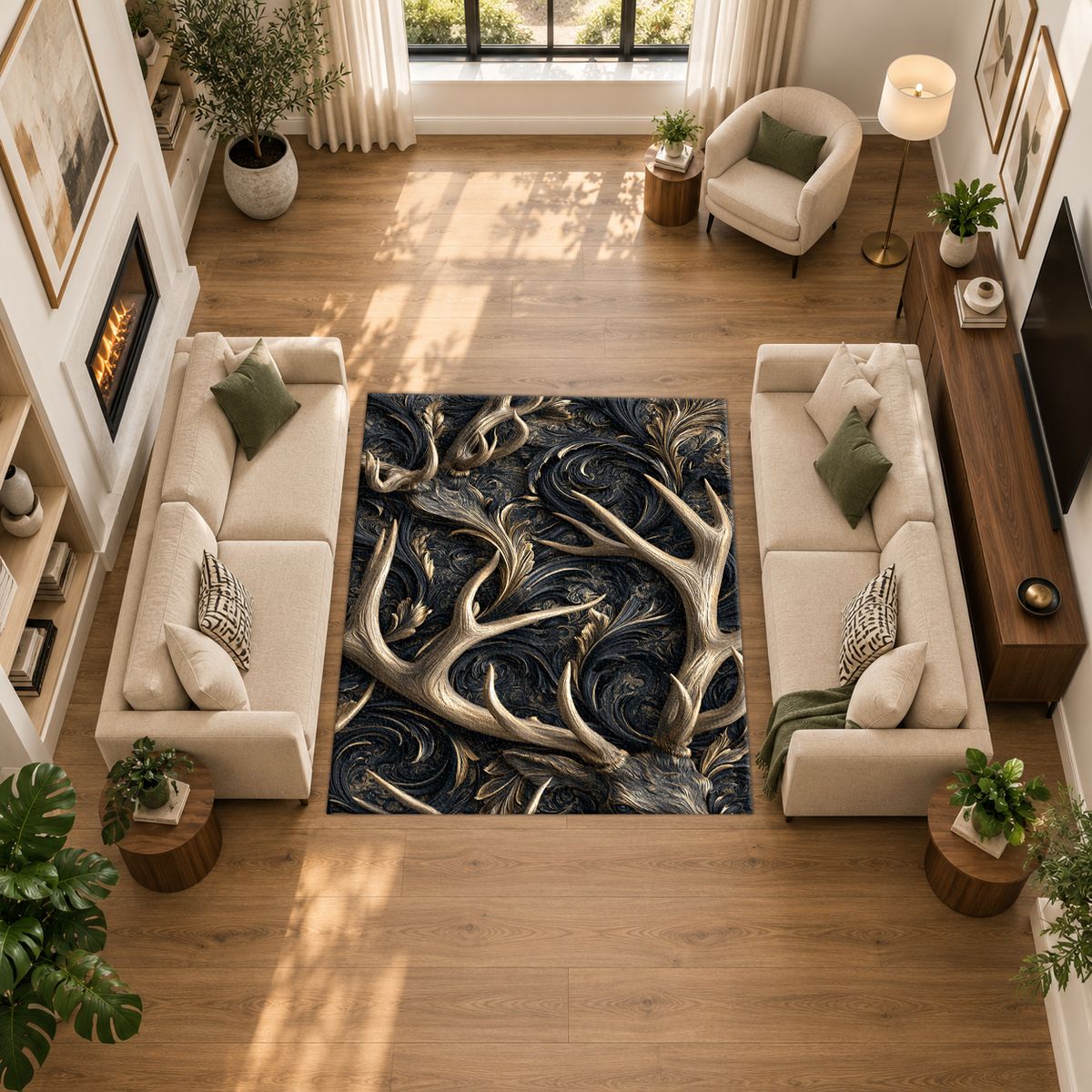 Gold Antlers on Black Swirls printed area rug