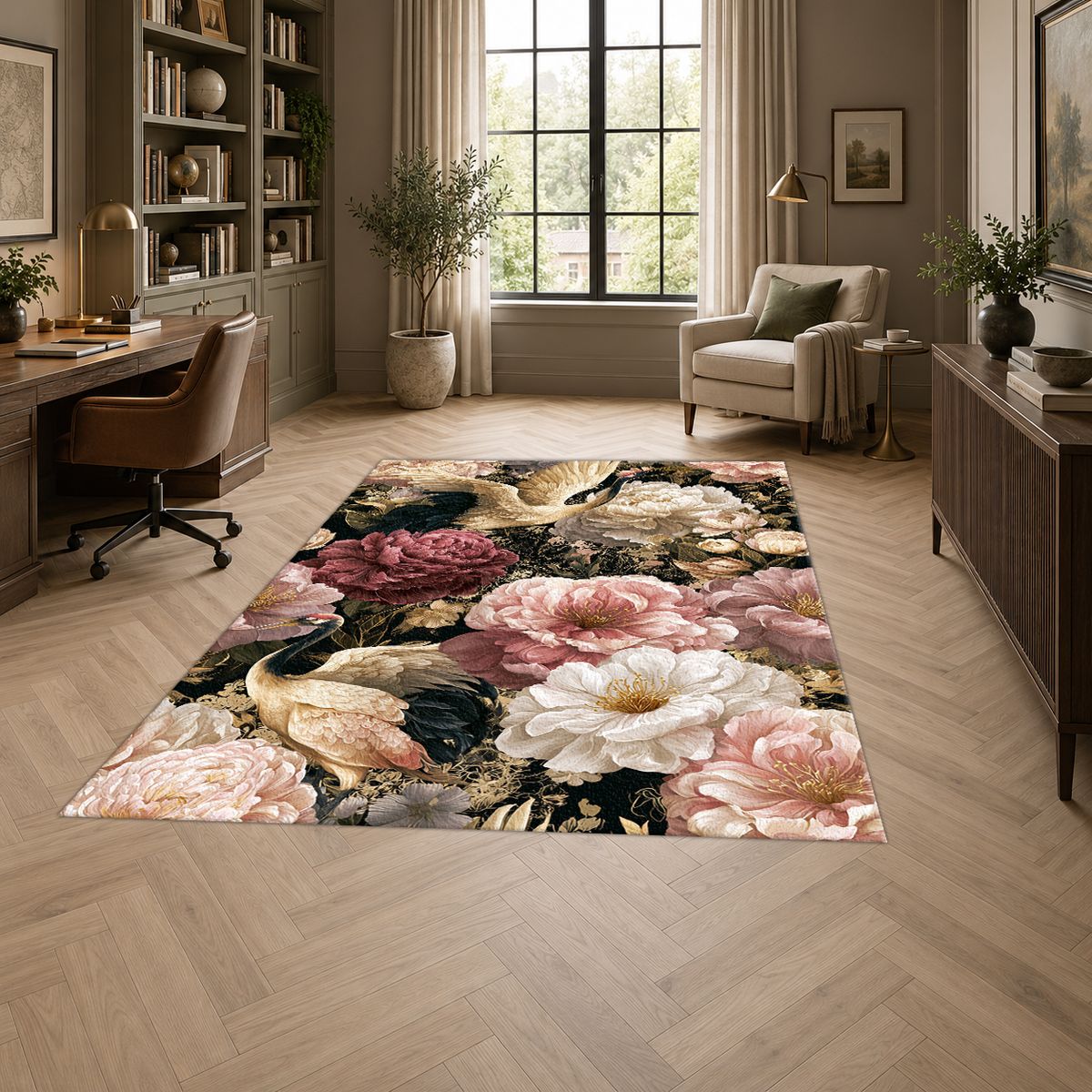 Pink Peony and Heron Floral printed area rug