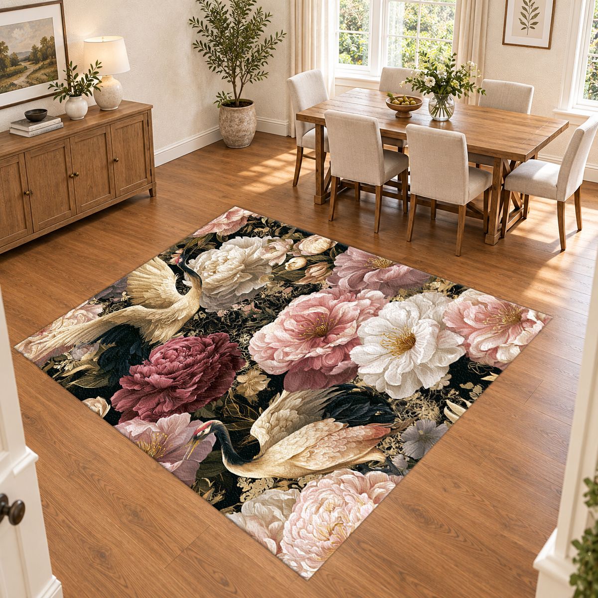 Pink Peony and Heron Floral printed area rug