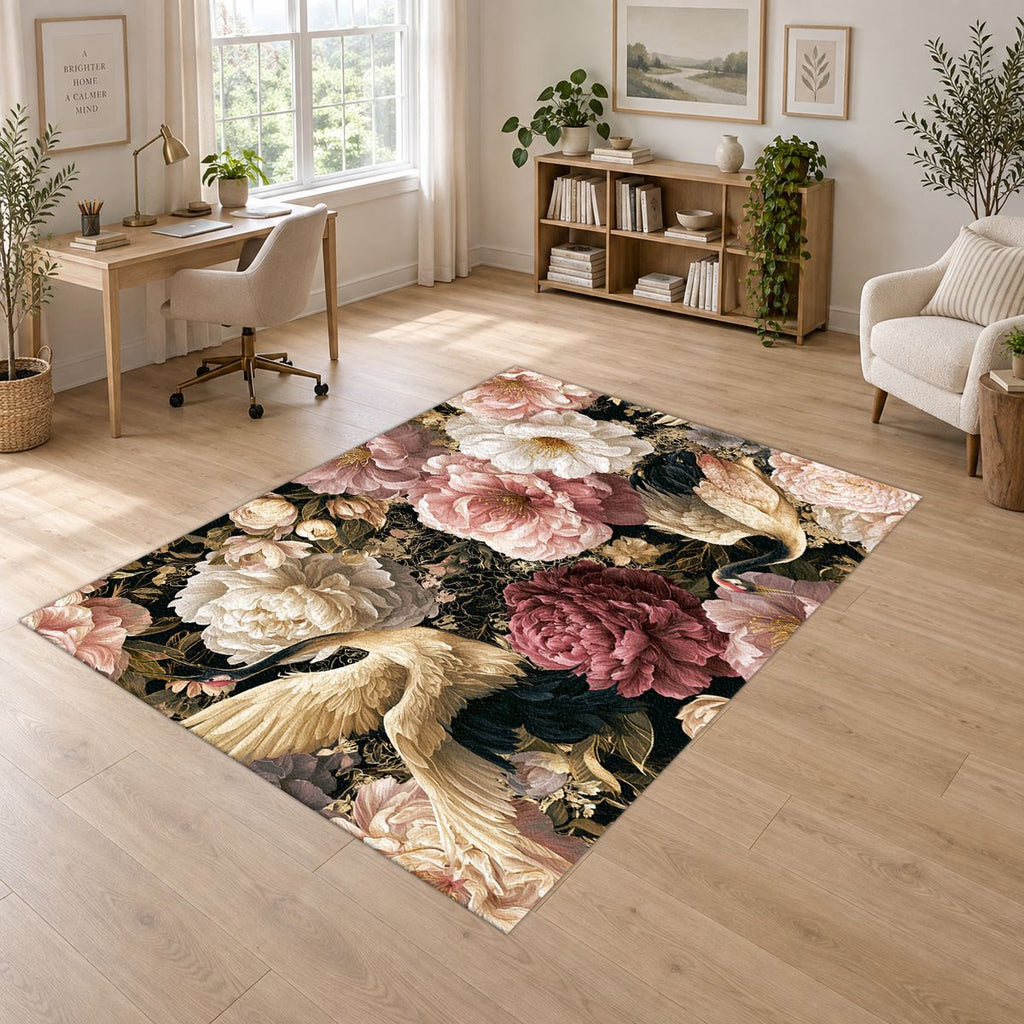 Pink Peony and Heron Floral printed area rug