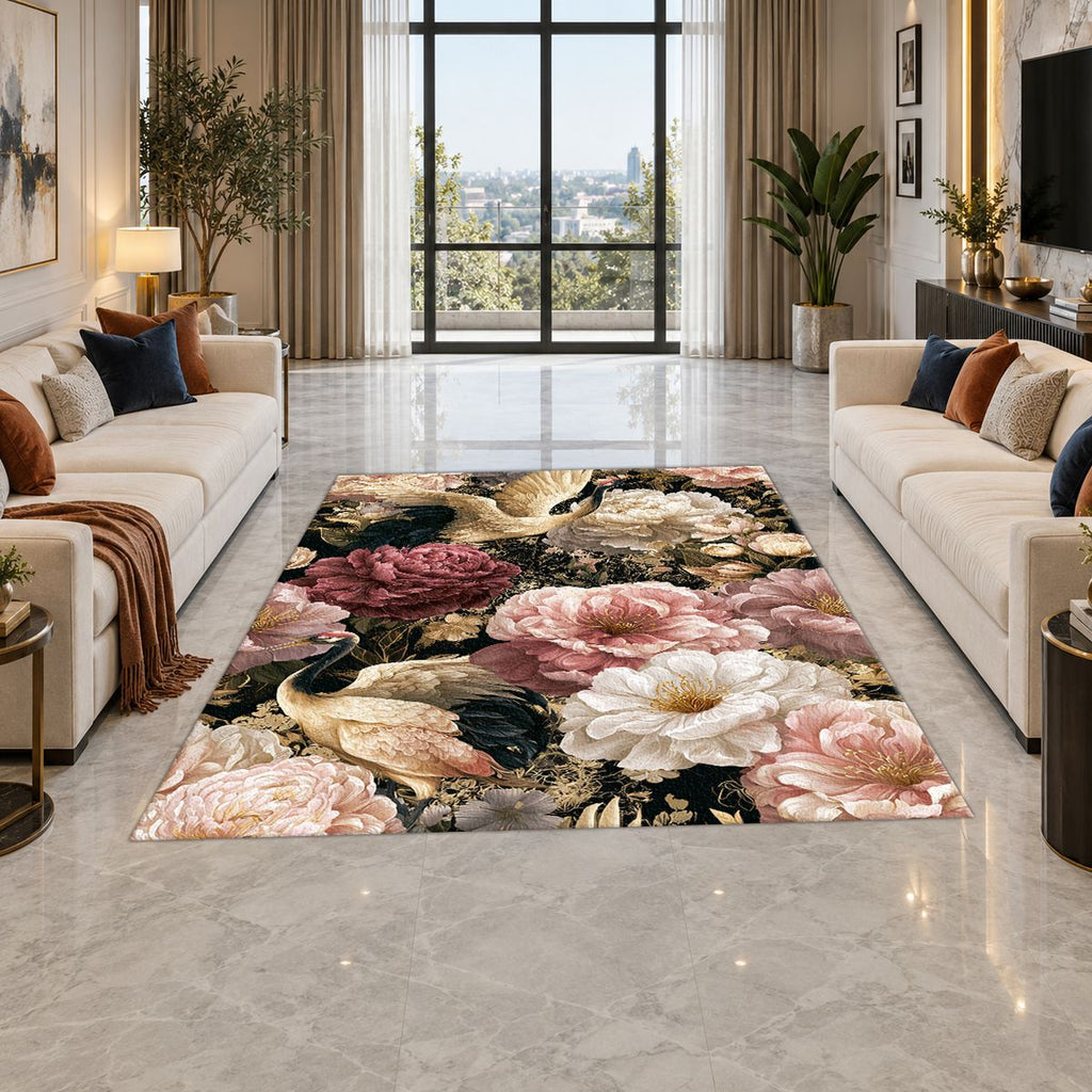 Pink Peony and Heron Floral printed area rug