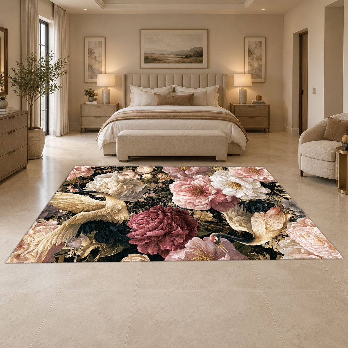 Pink Peony and Heron Floral printed area rug