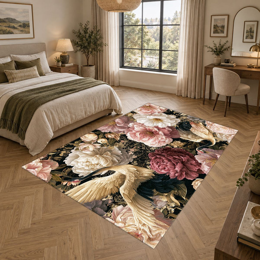 Pink Peony and Heron Floral printed area rug
