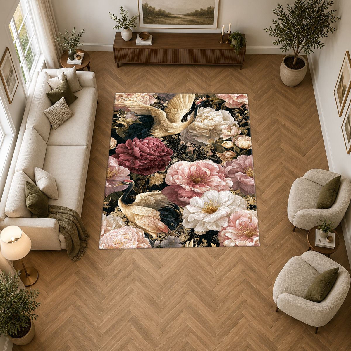 Pink Peony and Heron Floral printed area rug