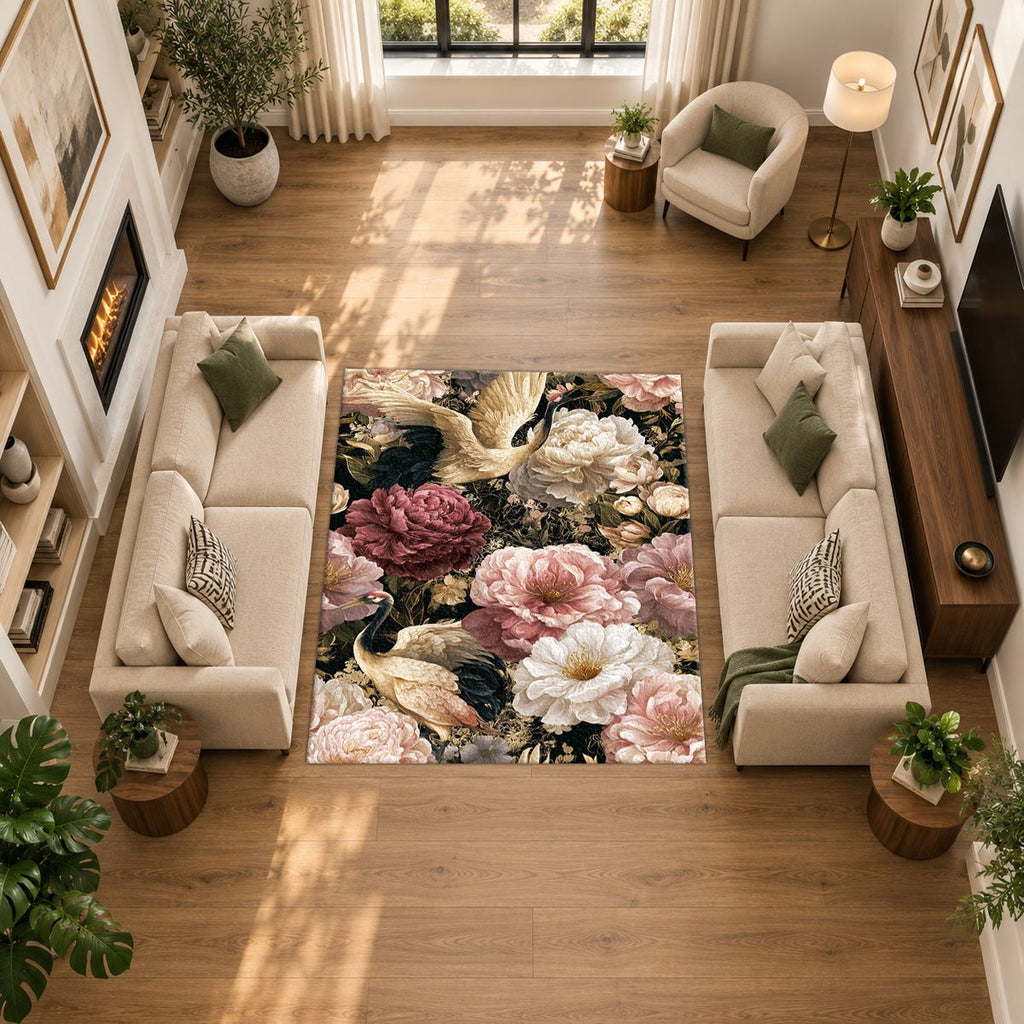 Pink Peony and Heron Floral printed area rug