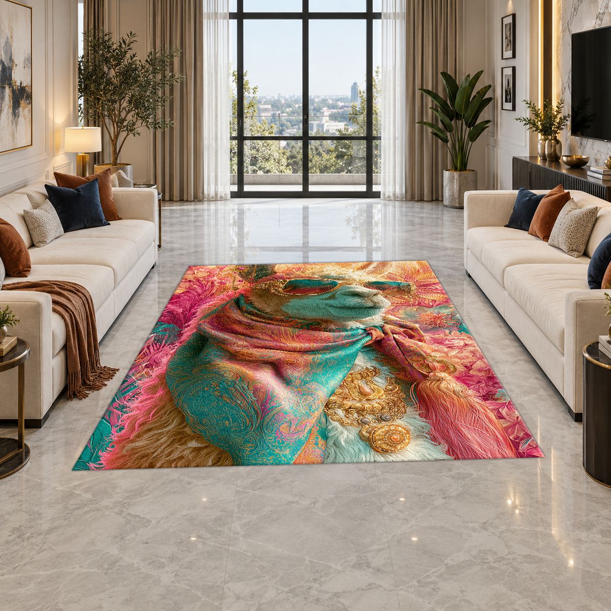 Llama in Pink Scarf Pop Art printed area rug